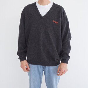 Vintage Pringle Sports Charcoal V Neck Wool Knit Sweater Embroidered Logo Large